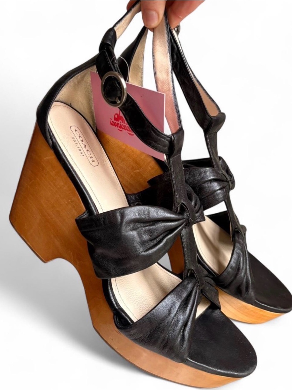 Coach Black Leather Knot Strap Platform Wedges with Wood Heel
